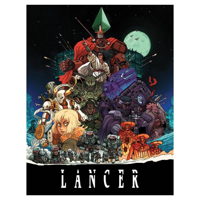 Lancer Core Rulebook - Lancer Core Rulebook cover featuring vibrant sci-fi mech warriors, diverse characters, and a large moon in the background.