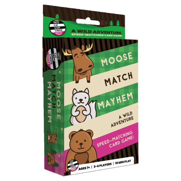 Moose Match Mayhem - Colorful card game box with cartoon moose, bear, and squirrel on front, titled Moose Match Mayhem.