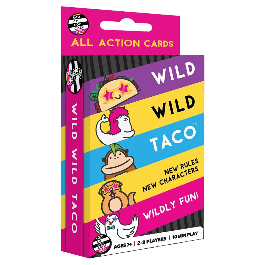 Wild Wild Taco - Colorful rectangular card game box with cartoon taco characters on the front and bold text Wild Wild Taco.