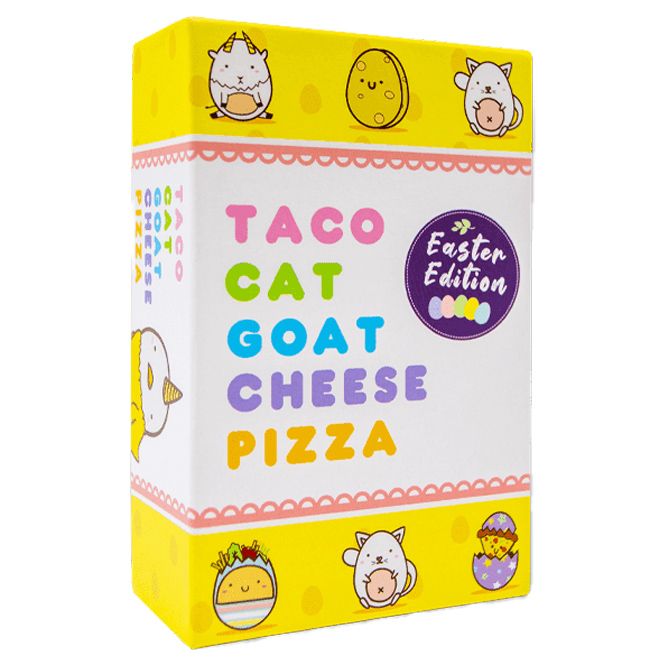 Taco Cat Goat Cheese Pizza Easter Edition - Colorful taco cat goat cheese pizza card game box with Easter Edition badge and cute animal illustrations.