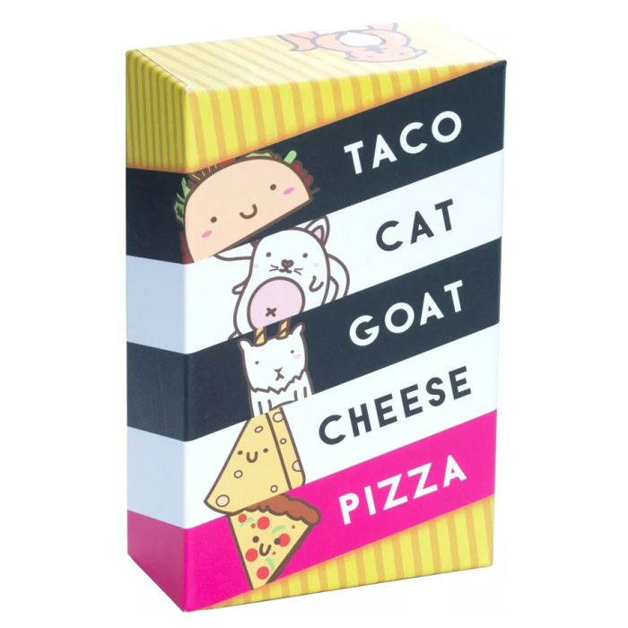 Taco Cat Goat Cheese Pizza - Compact rectangular card game box with bold black, white, and yellow stripes featuring playful cartoon illustrations of a.