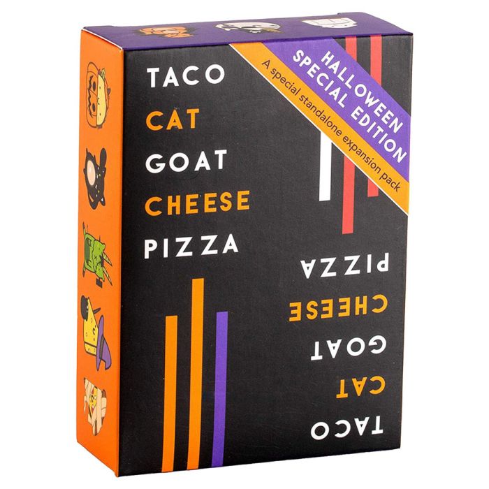 Taco Cat Goat Cheese Pizza Halloween Special Edition - Black rectangular card game box with colorful text and Halloween special edition banner.