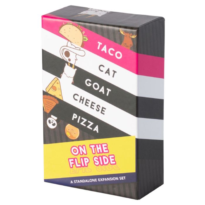 Taco Cat Goat Cheese Pizza: On the Flip Side - Compact rectangular card game box with black, white, pink, and yellow stripes featuring cartoon taco, cat, goat, cheese, and