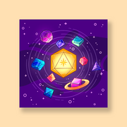 Dice Solar System DnD Sticker - Colorful geometric dice shaped like planets and a shining yellow d20 die orbiting with Saturn on a dark purple space.