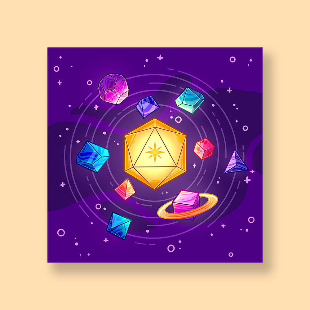 Dice Solar System DnD Sticker - Colorful geometric dice shaped like planets and a shining yellow d20 die orbiting with Saturn on a dark purple space.