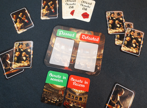 Politics! - Party game cards with colorful, glossy finish divided into sets labeled Passed, Defeated, Senate in Session, and Senate in.