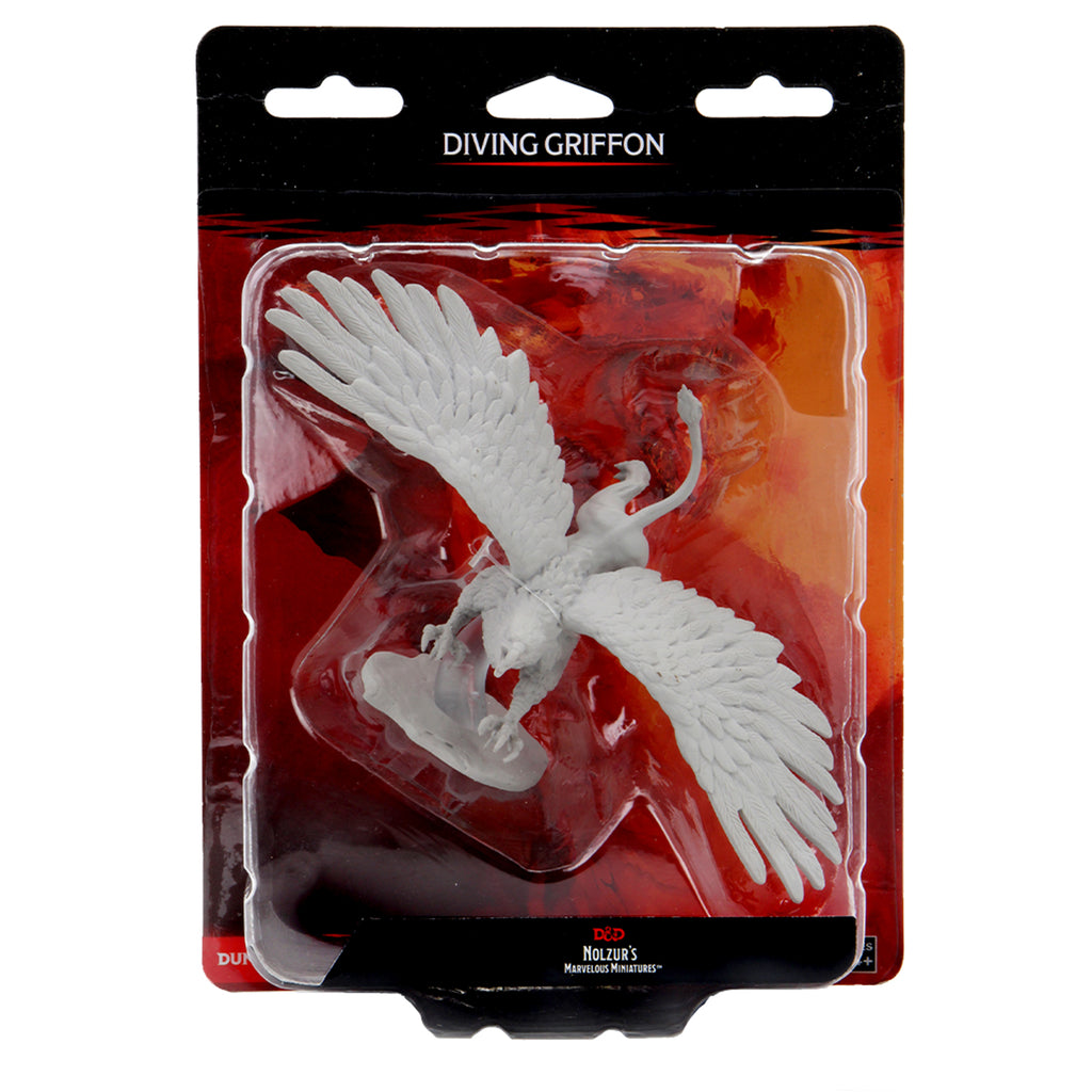 D&D Nolzur's Marvelous Miniatures: Diving Griffon - White plastic miniature of a griffon with outstretched wings, perched on a rocky base, packaged in clear blister pack with.