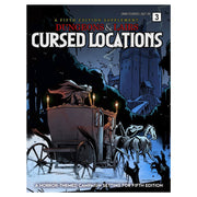 Dungeons & Lairs: Cursed Locations - Dark fantasy book cover featuring a shadowy figure driving a horse-drawn carriage past a towering, ominous castle at night.