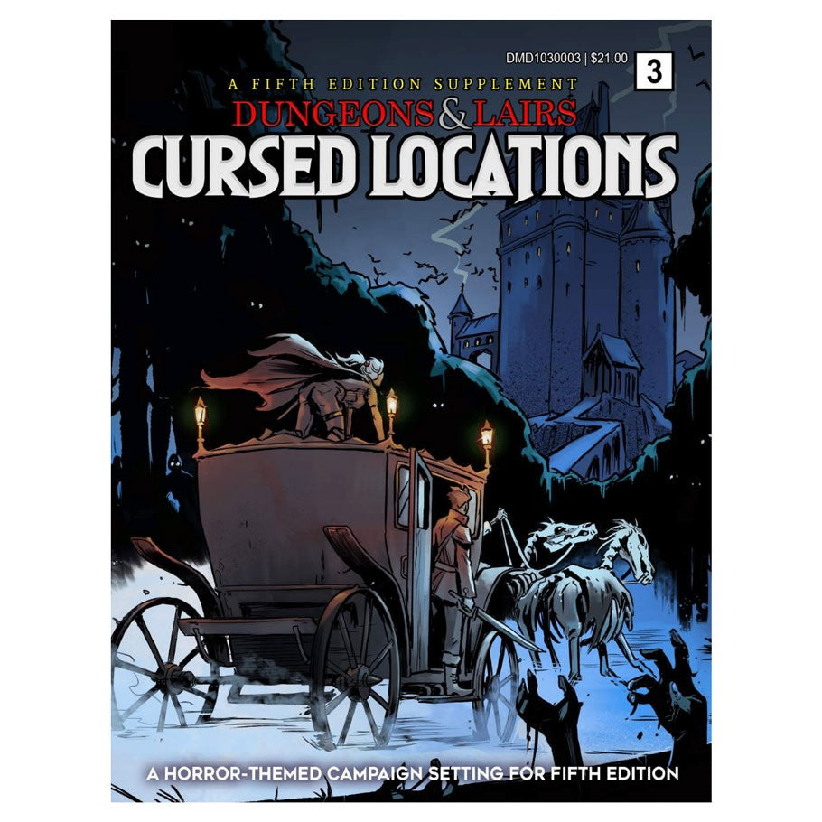 Dungeons & Lairs: Cursed Locations - Dark fantasy book cover featuring a shadowy figure driving a horse-drawn carriage past a towering, ominous castle at night.