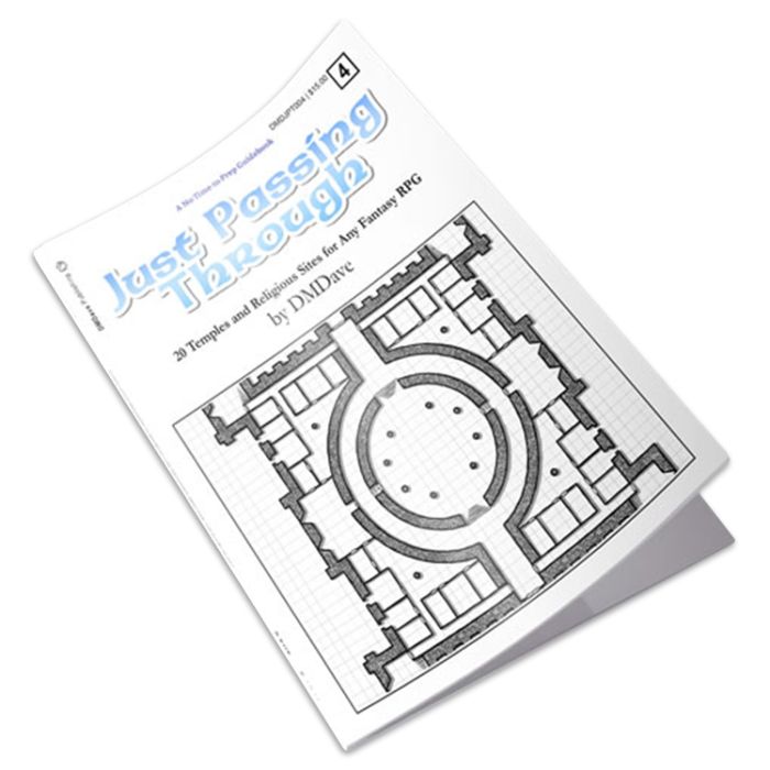 Just Passing Through: Temples - Softcover booklet with white cover featuring a detailed black architectural floor plan and blue title text "Just Passing.