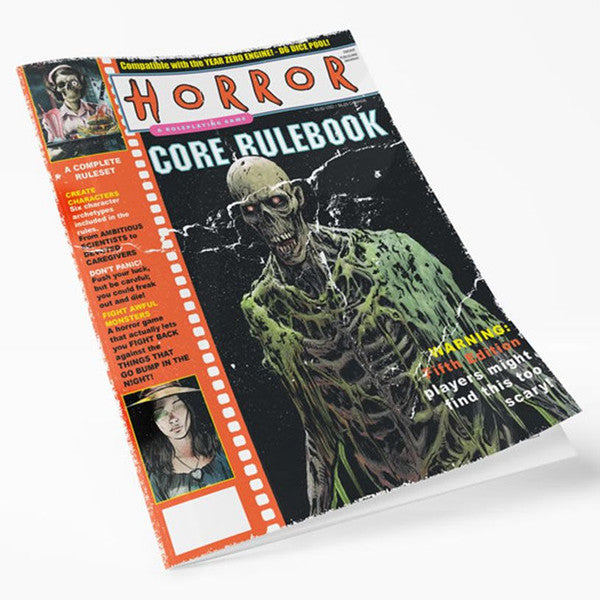 Horror Core Rulebook: Can You See Them? Edition (PREORDER) - Horror Core Rulebook with a decayed zombie covered in green slime on the black cover and orange spine with text and.