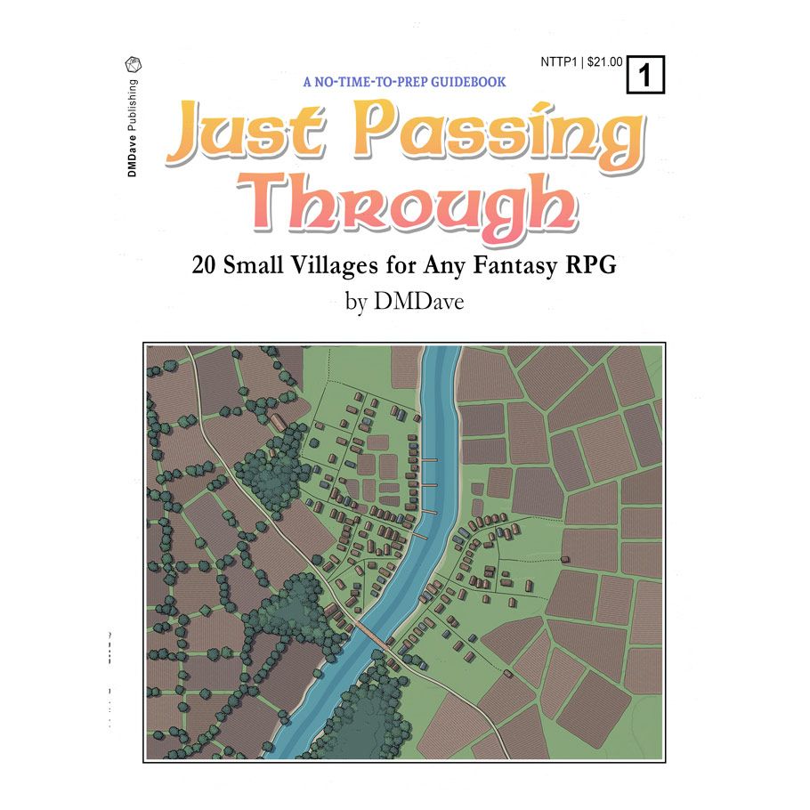 Just Passing Through 1: 20 Small Villages - Book cover with beige background, title in orange and brown text, featuring a detailed top-down map of a river winding.