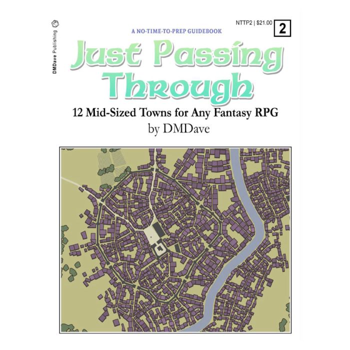 Just Passing Through 2: 12 Mid-Sized Towns - Book cover with green and purple text titled "Just Passing Through 12 Mid-Sized Towns for Any Fantasy RPG" showing a.