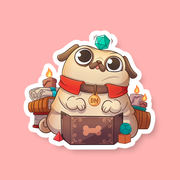 DM D&D Dog Sticker - Cute cartoon pug dog wearing a red collar with DM tag, sitting behind a brown book and surrounded by candles and a glowing.