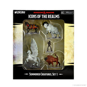 D&D Icons of the Realms: Summoned Creatures Set 1 - Set of five detailed miniature Dungeons & Dragons creatures in gray and brown plastic, including a horse, ram, winged lion,.