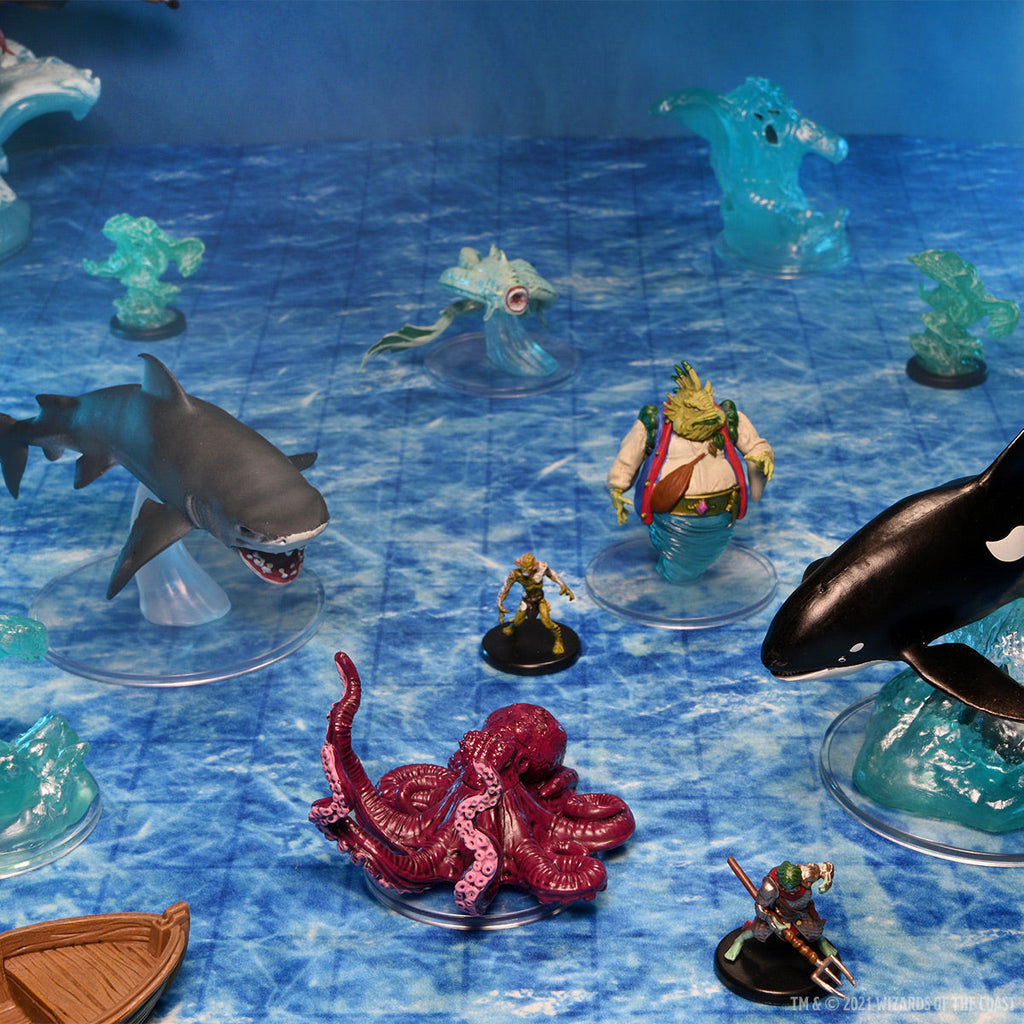 D&D Icons of the Realms - Ocean Battle Map - Blue ocean-themed gaming map with detailed water textures and miniatures including a shark, orca, giant octopus, frog-like.