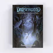 Dolmenwood: Adventure & Peril in Fairytale Woods: Campaign Book - Dark forest scene with twisted trees, a glowing ghostly figure, and a crow on the cover of Dolmenwood campaign book.