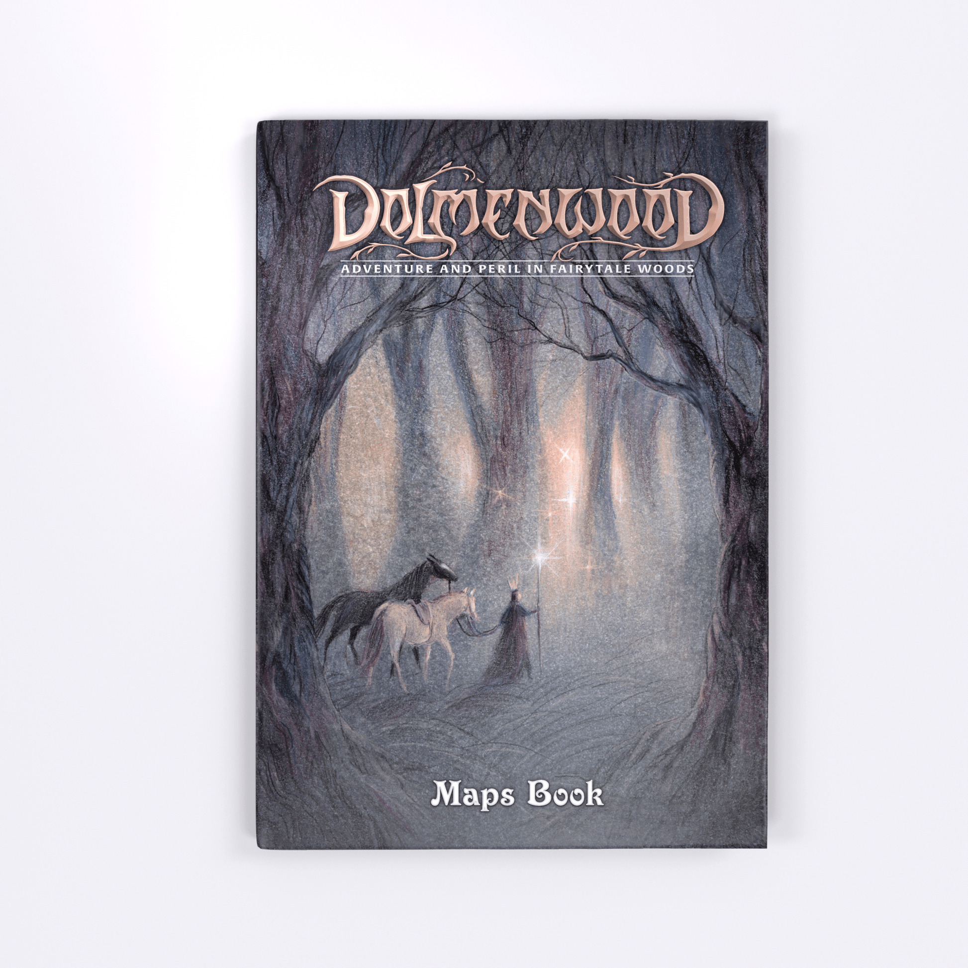 Dolmenwood: Adventure & Peril in Fairytale Woods: Maps Book - Dark fantasy book cover with a misty forest scene, a hooded figure, and a unicorn, titled Dolmenwood Maps Book.