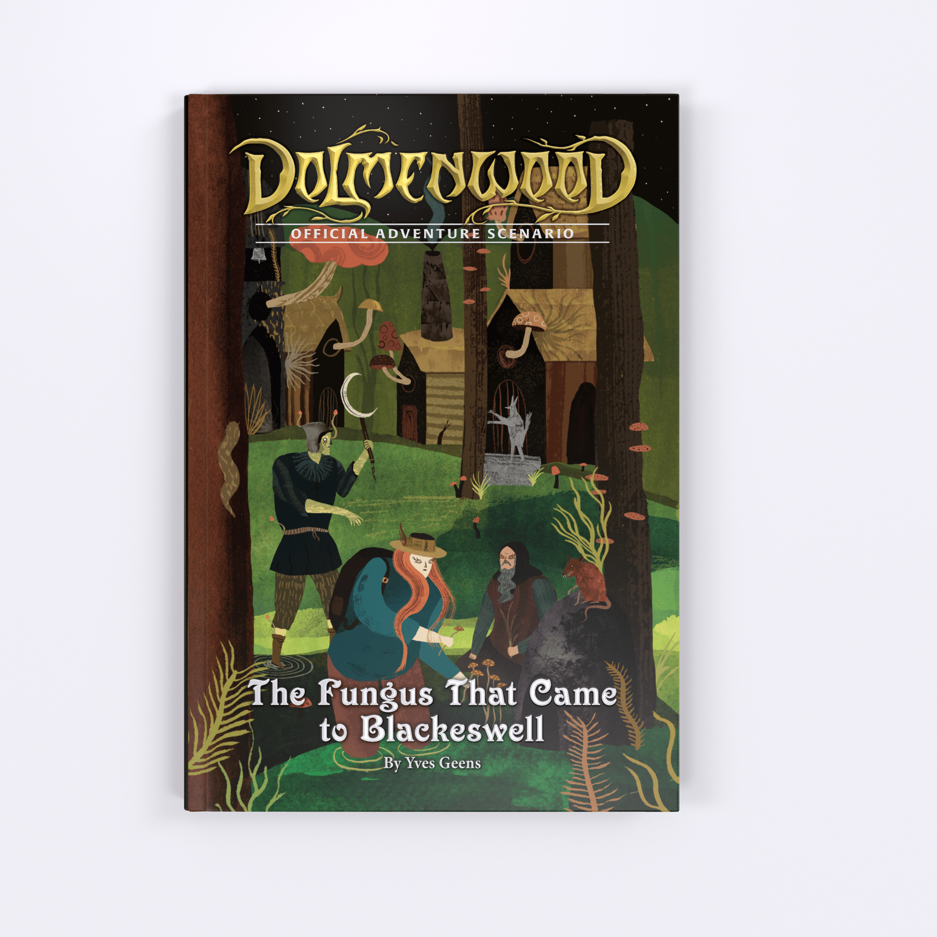 Dolmenwood Official Adventure Scenario: The Fungus That Came to Blackeswell - The Fungus That Came to Blackeswell" with illustrated cover featuring woodland creatures and fungi in muted green and brown.