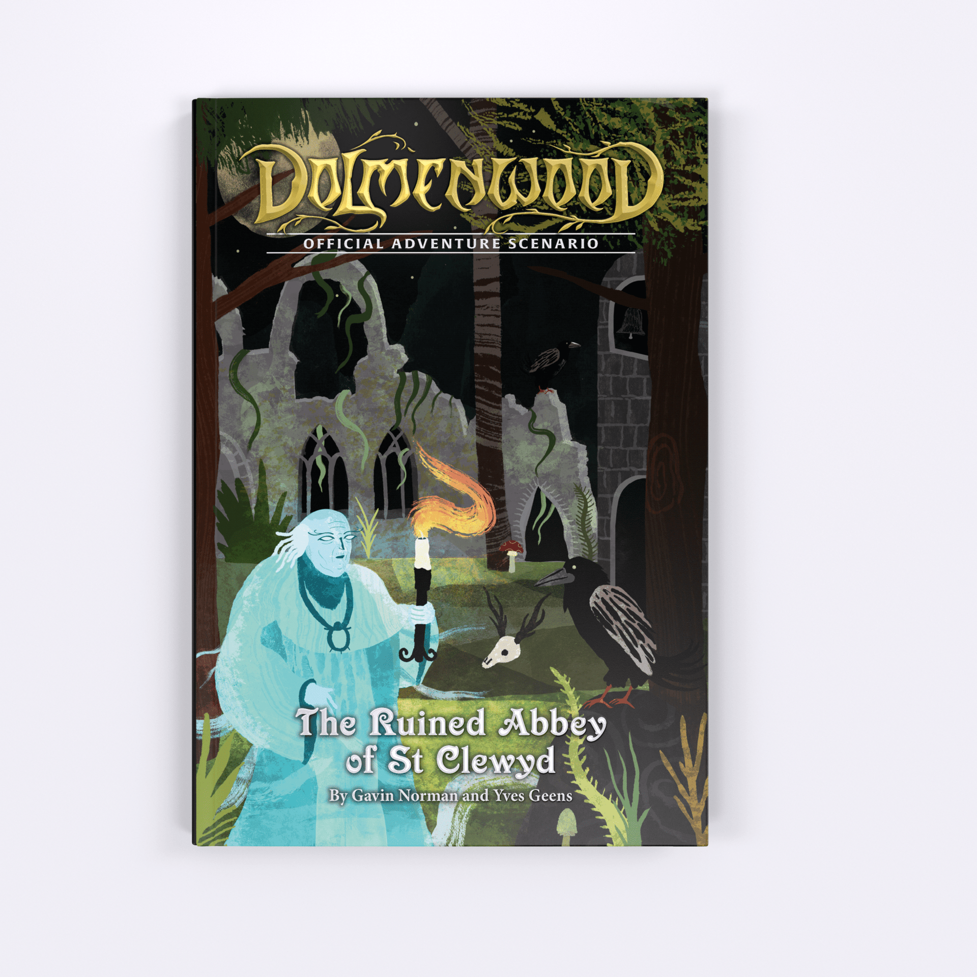 Dolmenwood Official Adventure Scenario: The Ruined Abbey of St Clewyd - Dark fantasy book cover featuring a ghostly blue figure in a ruined abbey with skeletal warriors and overgrown vines.