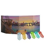 Gloomhaven RPG: Gloom Master Screen (PREORDER) - Folded game master screen featuring vibrant cityscape artwork at sunset with wooden ship deck on the left and colorful.