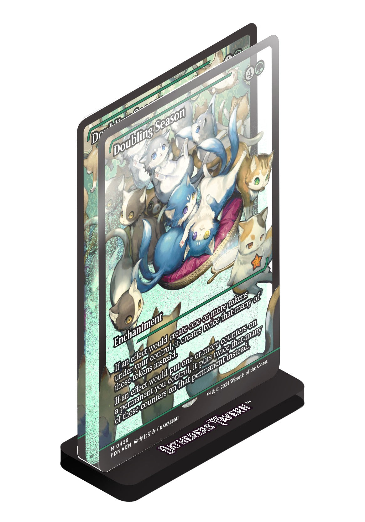 Magic: The Gathering - Doubling Season Acrylic Slab Standee - The Gathering Doubling Season card art with colorful fantasy characters on a black base.