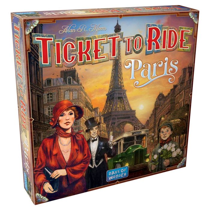 Ticket to Ride: Paris - Colorful board game box featuring a vintage Paris scene with the Eiffel Tower and stylish 1920s characters in warm tones.