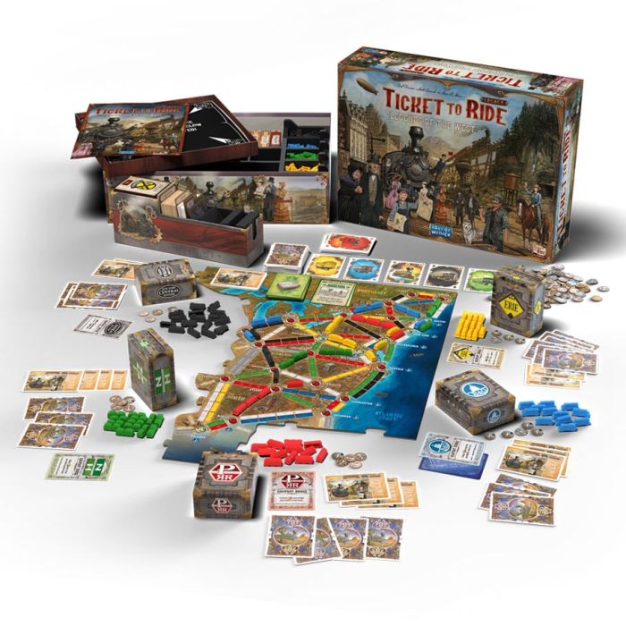Ticket to Ride: Legends of the West - Legends of the West board game with colorful map, cards, wooden train pieces, tokens, and illustrated box art in Western.