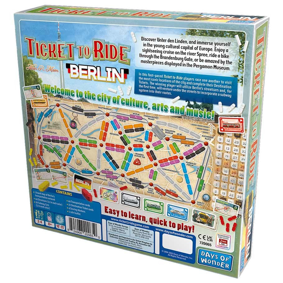 Ticket to Ride: Berlin - Berlin board game box featuring colorful train route map with city names and game pieces on a blue background.
