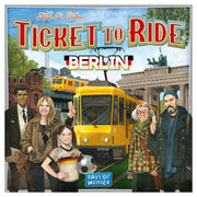Ticket to Ride: Berlin - Berlin featuring a yellow tram, four illustrated characters, and Berlin landmarks on a colorful background.