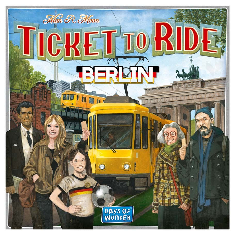Ticket to Ride: Berlin - Berlin featuring a yellow tram, four illustrated characters, and Berlin landmarks on a colorful background.