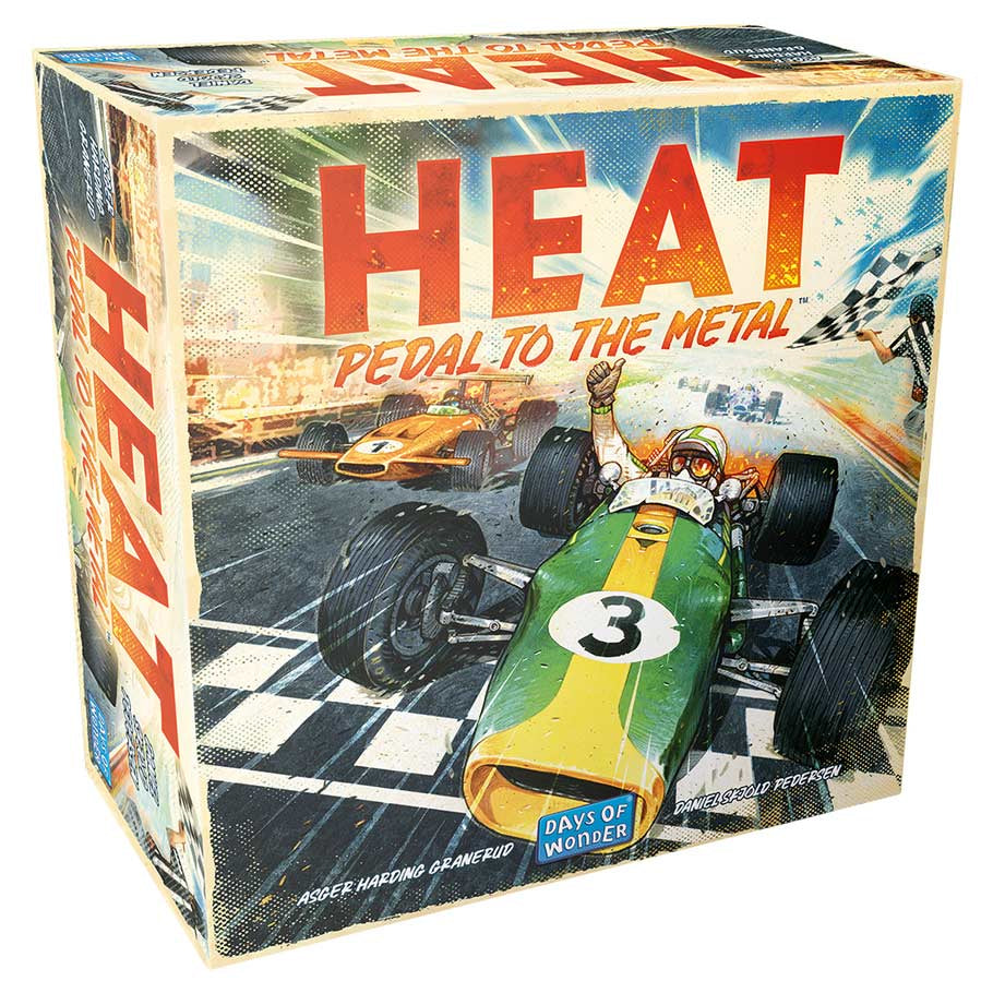 Heat - Colorful board game box with vintage race car illustration and bold red "HEAT" title.