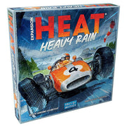 Heat: Heavy Rain Expansion - Square board game box for Heat Heavy Rain Expansion featuring an orange vintage race car with two drivers against a rainy.