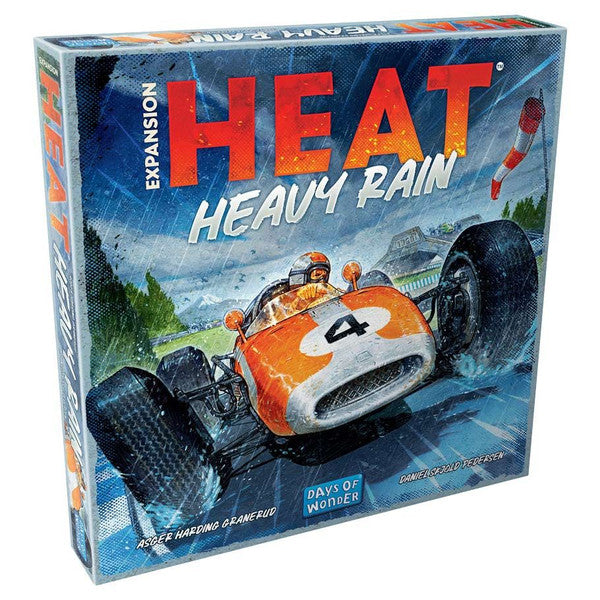 Heat: Heavy Rain Expansion - Square board game box for Heat Heavy Rain Expansion featuring an orange vintage race car with two drivers against a rainy.