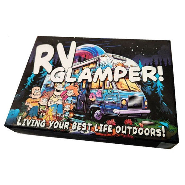 RV Glamper - Card game box with colorful cartoon camper and happy campers under starry night, bold white "RV Glamper!" text.