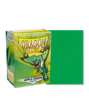 Dragon Shield 100ct Box - Matte Apple Green - Matte apple green card sleeves next to Dragon Shield 100ct box with dragon artwork and yellow-green design.