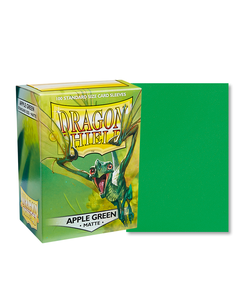 Dragon Shield 100ct Box - Matte Apple Green - Matte apple green card sleeves next to Dragon Shield 100ct box with dragon artwork and yellow-green design.
