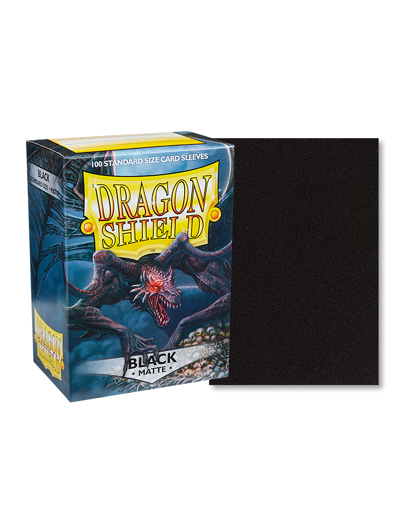 Dragon Shield 100ct Box - Matte Black - Dragon Shield 100 count box of matte black card sleeves with dragon artwork on packaging.