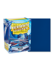 Dragon Shield 100ct Box - Matte Blue - Matte blue Dragon Shield card sleeves next to colorful box featuring a blue dragon design.