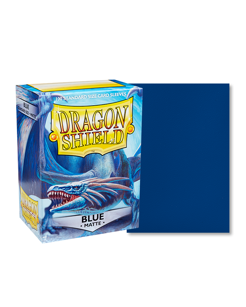 Dragon Shield 100ct Box - Matte Blue - Matte blue Dragon Shield card sleeves next to colorful box featuring a blue dragon design.