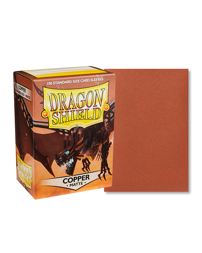 Dragon Shield 100ct Box - Matte Copper - Dragon Shield 100 matte copper card sleeves with packaging box featuring dragon artwork and orange-brown matte finish sleeves.