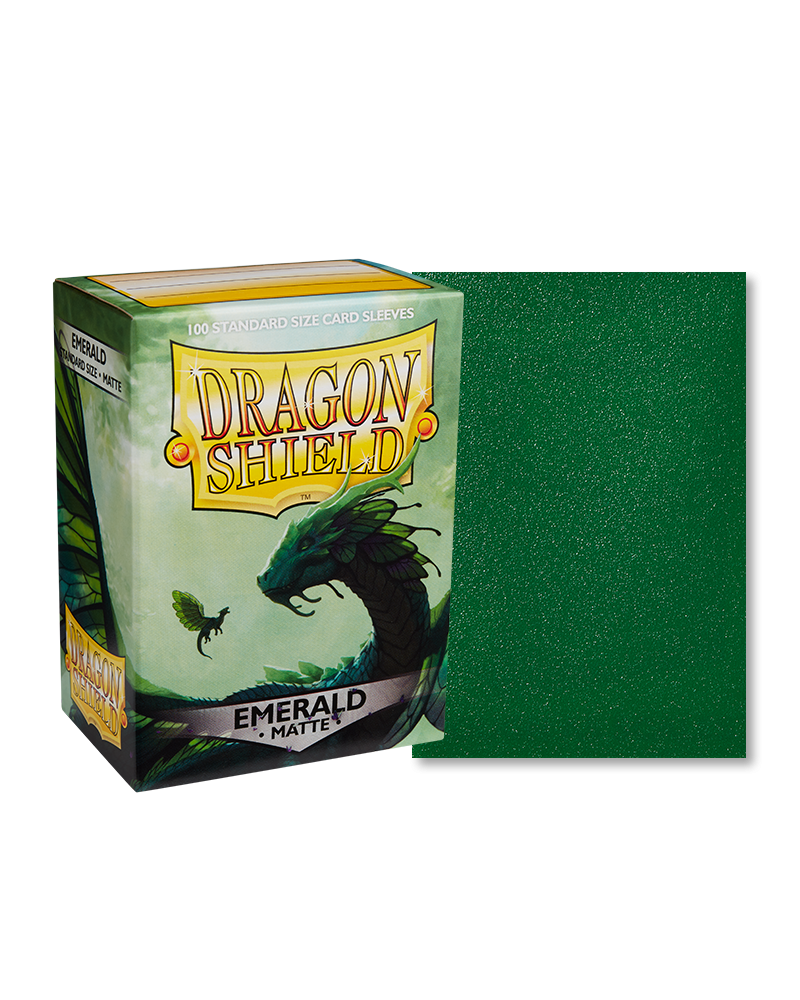 Dragon Shield 100ct Box - Matte Emerald - Dragon Shield 100-count matte emerald green card sleeves with product box featuring dragon artwork.