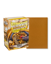Dragon Shield 100ct Box - Matte Gold - Box of Dragon Shield matte gold card sleeves with one loose gold sleeve displayed alongside.