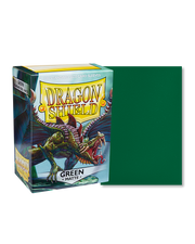 Dragon Shield 100ct Box - Matte Green - Dragon Shield 100ct box with colorful dragon artwork and matte green card sleeve on right.