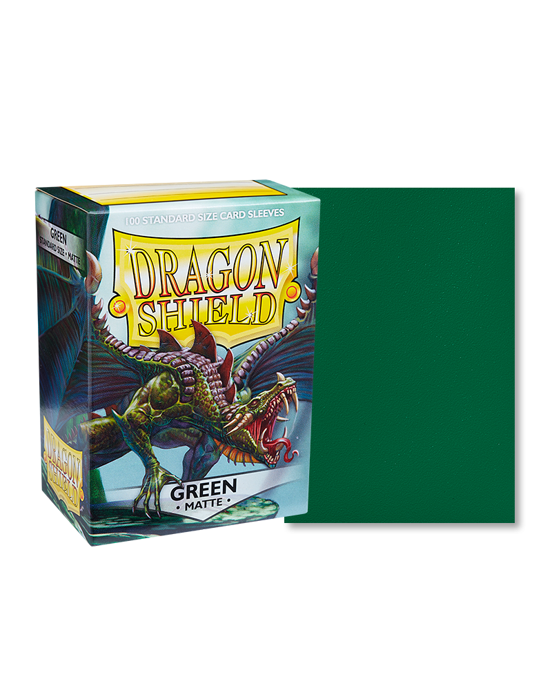 Dragon Shield 100ct Box - Matte Green - Dragon Shield 100ct box with colorful dragon artwork and matte green card sleeve on right.