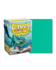 Dragon Shield 100ct Box - Matte Mint - Dragon Shield 100-count matte mint green card sleeves with packaging box featuring a blue dragon illustration.