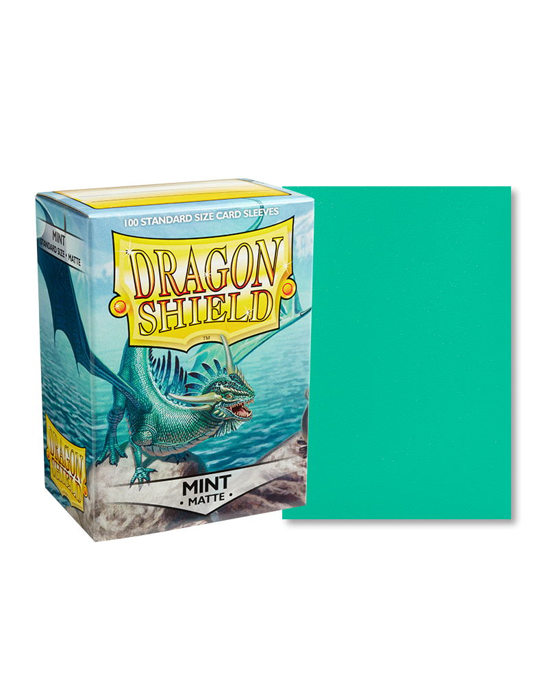 Dragon Shield 100ct Box - Matte Mint - Dragon Shield 100-count matte mint green card sleeves with packaging box featuring a blue dragon illustration.
