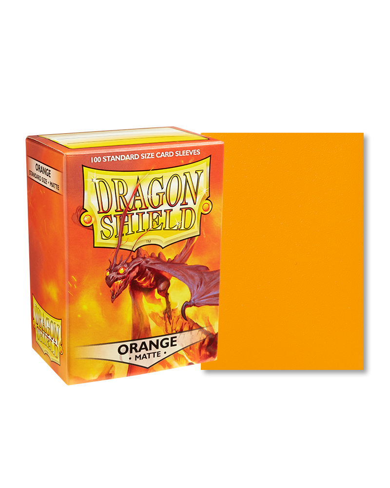 Dragon Shield 100ct Box - Matte Orange - Dragon Shield 100ct box with orange matte card sleeves and fiery dragon artwork on the packaging.