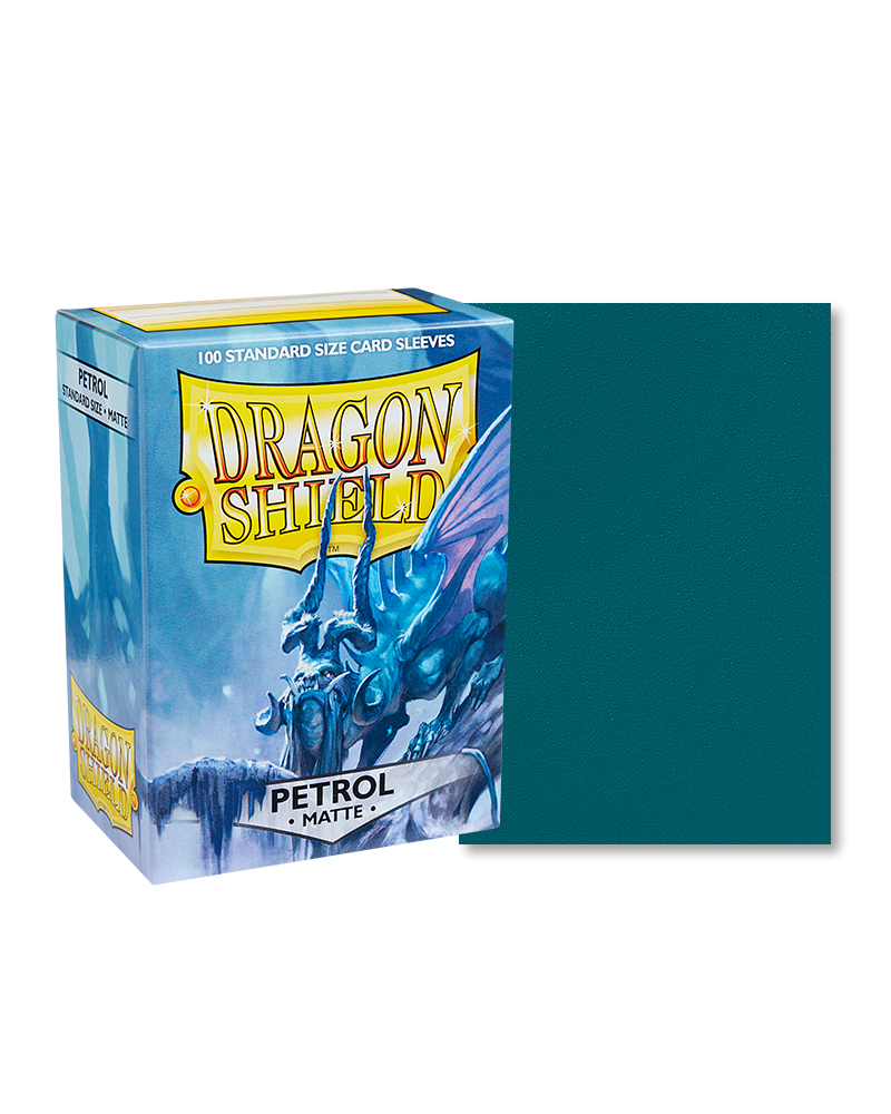 Dragon Shield 100ct Box - Matte Petrol - Dragon Shield Matte Petrol card sleeves box with blue dragon artwork and 100 count label.