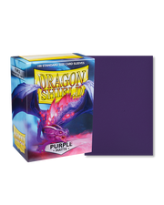 Dragon Shield 100ct Box - Matte Purple - 100 matte purple Dragon Shield card sleeves next to branded box with dragon artwork.